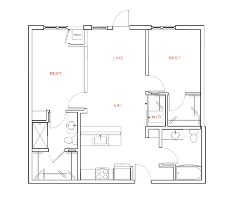 Floor plan for 2 beds, 2 baths, 965 sqft